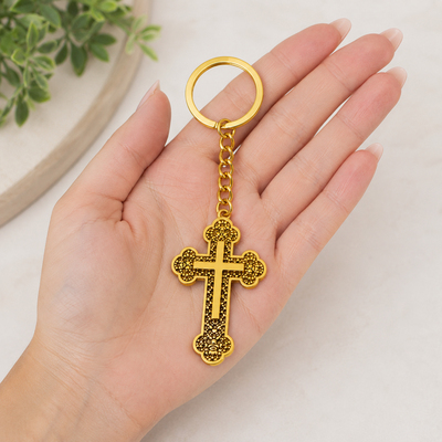 Set 2 brelocuri aurii 10,8 cm cu cruce 5,4 x 3,2 cm, port chei metalic filigranat patinat pentru femei si barbati sau marturii botez [6]
