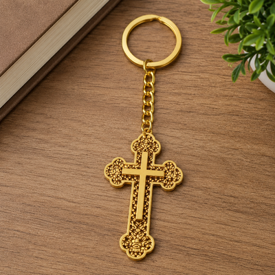 Set 2 brelocuri aurii 10,8 cm cu cruce 5,4 x 3,2 cm, port chei metalic filigranat patinat pentru femei si barbati sau marturii botez [5]