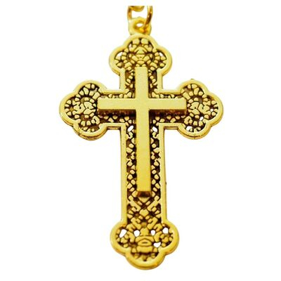 Set 2 brelocuri aurii 10,8 cm cu cruce 5,4 x 3,2 cm, port chei metalic filigranat patinat pentru femei si barbati sau marturii botez [2]