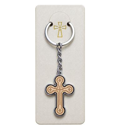 Set 2 brelocuri crestine bej-argintiu 9,3 cm, cruce 3,5 x 2,6 cm, grosime 4 mm, inel 3,4 cm, accesorii pentru chei barbati si femei sau marturii botez [2]