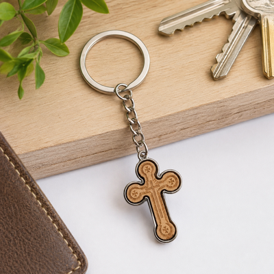 Set 2 brelocuri crestine bej-argintiu 9,3 cm, cruce 3,5 x 2,6 cm, grosime 4 mm, inel 3,4 cm, accesorii pentru chei barbati si femei sau marturii botez [5]