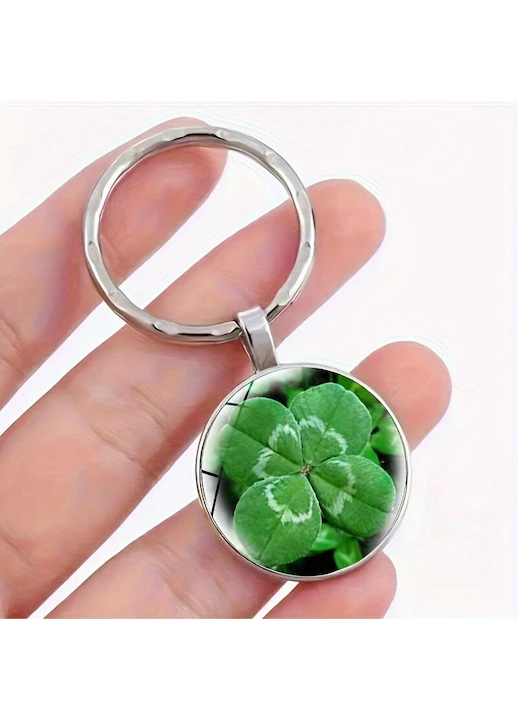 Set 2 brelocuri metalice cu trifoi cu 4 foi, pandantiv rotund cu efect sticla, simbol al norocului, pentru chei, geanta sau rucsac, argintiu [4]