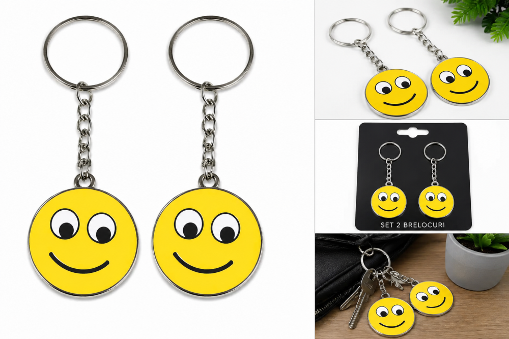 Set 2 brelocuri pentru chei cu emoticon zambitor, model Smiley Face [3]