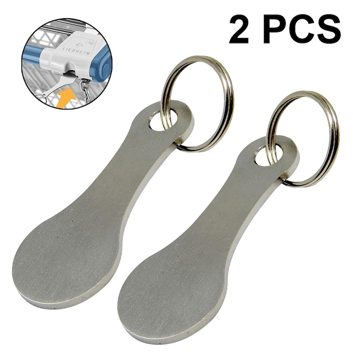 Set 2 brelocuri pentru deblocare carucior cumparaturi, supermarket, inox, reutilizabile, compacte, 5.5 x 2.2 cm, argintiu [9]