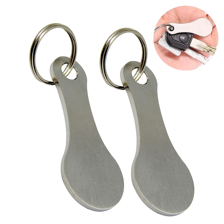 Set 2 brelocuri pentru deblocare carucior cumparaturi, supermarket, inox, reutilizabile, compacte, 5.5 x 2.2 cm, argintiu [8]