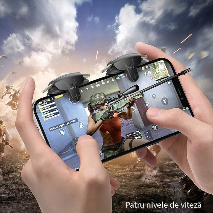 Set 2 butoane gaming tip trigger, model GM6, pentru telefon, 4 nivele de viteza, compatibilitate Android si iOS, negru [2]