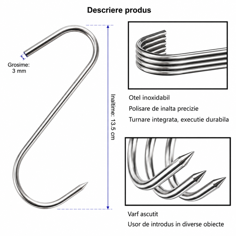 Set 2 carlige de agatare, argintii 13.5 cm, grosime 3 mm, inox curbat forma S cu varf pentru perforare, pentru carne, preparate afumate si procesare [2]