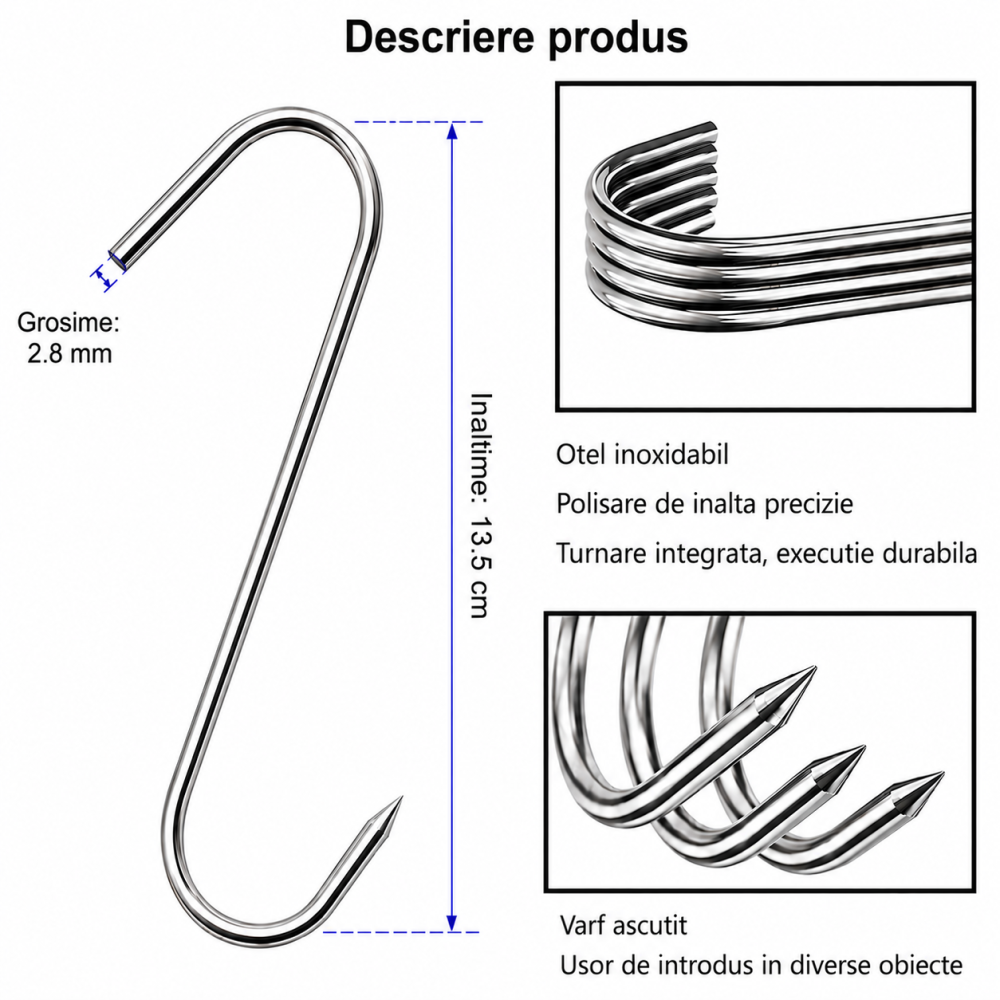Set 2 carlige pentru afumatoare, argintii 13.5 cm, grosime 2.8 mm, inox rezistent tip S cu varf ascutit, pentru carne, macelarie, uscare si maturare [2]