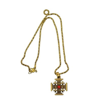 Set 2 coliere aurii 42 cm cu pandantiv cruce 23 x 23 mm, metal dubla fata, detaliu rosu, accesorii crestine Crucea Ierusalimului, unisex [2]