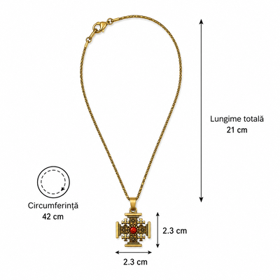 Set 2 coliere aurii 42 cm cu pandantiv cruce 23 x 23 mm, metal dubla fata, detaliu rosu, accesorii crestine Crucea Ierusalimului, unisex [4]