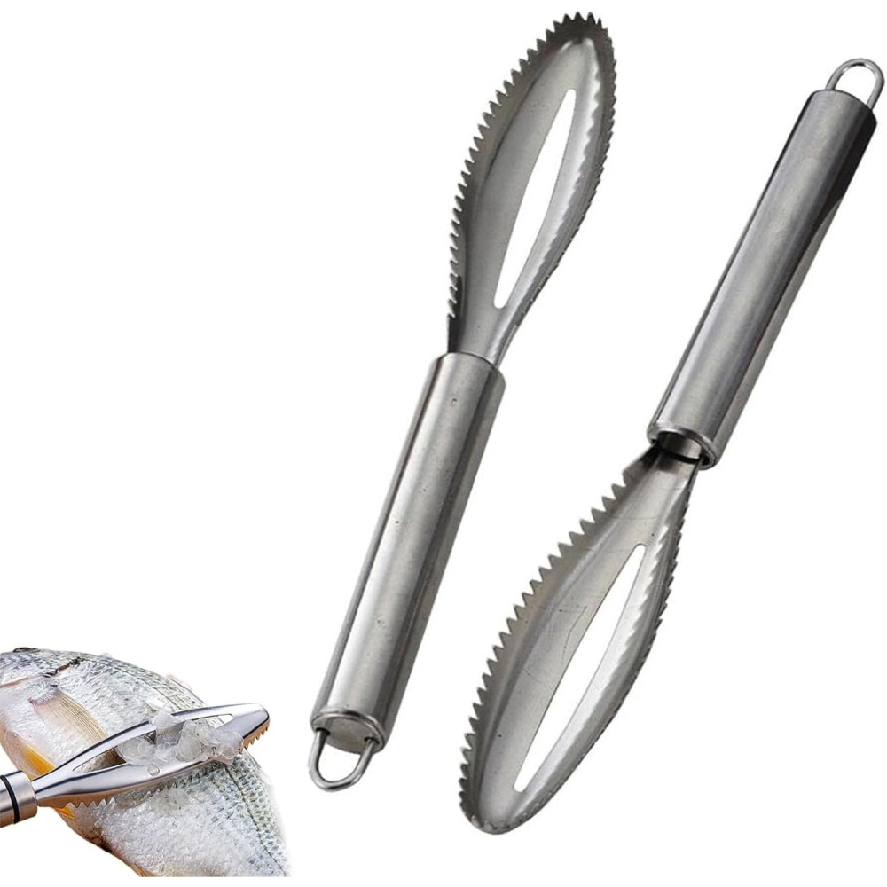 Set 2 curatatoare pentru solzi de peste din otel inoxidabil, 24 x 3 cm, razuitoare manuale cu maner ergonomic, gri [3]