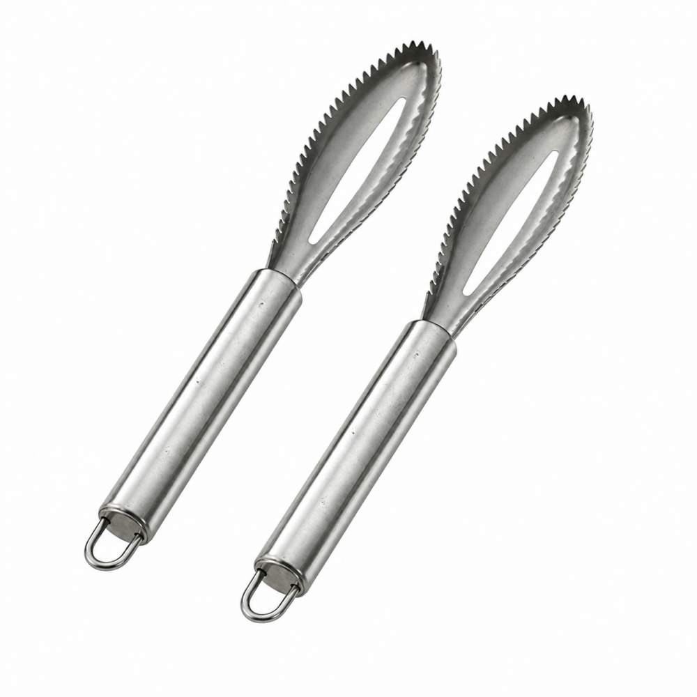 Set 2 curatatoare pentru solzi de peste din otel inoxidabil, 24 x 3 cm, razuitoare manuale cu maner ergonomic, gri [2]