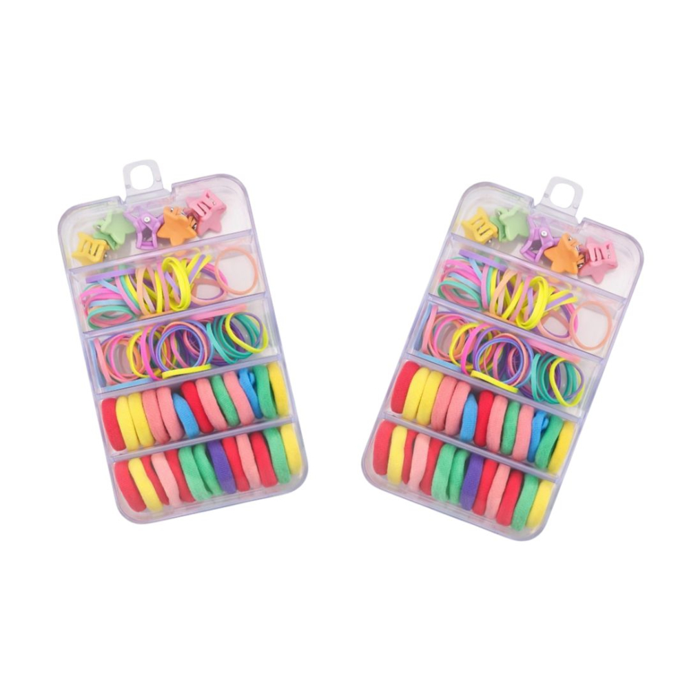 Set 2 cutii accesorii par copii cu 52 elastice textile de 2 cm, 160 elastice cauciuc multicolore si 10 cleme steluta in 2 cutii organizator transparente [1]
