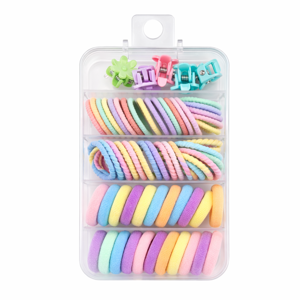 Set 2 cutii accesorii par cu elastic 2 cm, elastic spiralat, elastic subtire si 10 cleme flori multicolor [2]