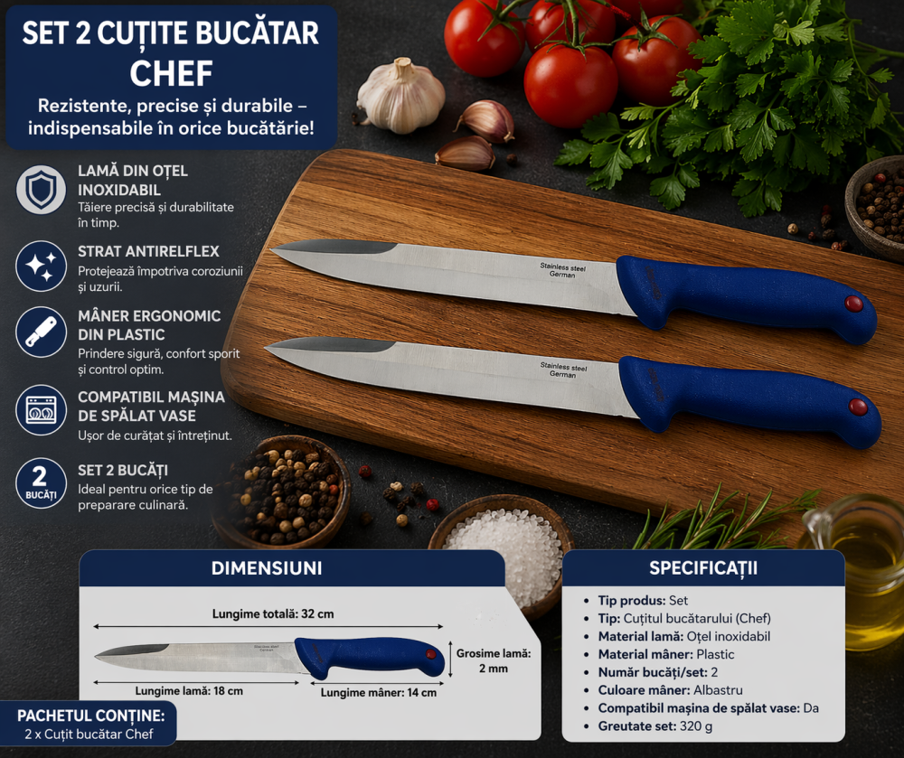 Set 2 cutite bucatar Chef otel inoxidabil 32 cm lama 18 cm maner albastru rezistente uz zilnic [2]