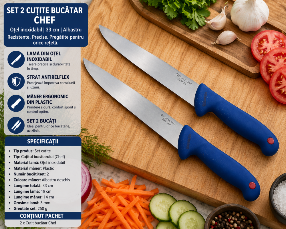 Set 2 cutite bucatar Chef otel inoxidabil 33 cm lama 19 cm maner albastru ergonomic rezistent uz zilnic [2]