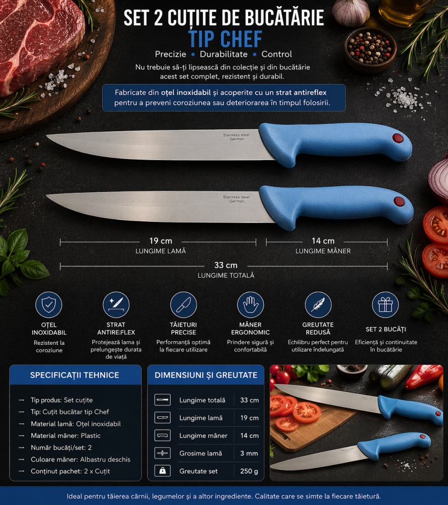 Set 2 cutite bucatarie tip Chef, otel inoxidabil, lama 19 cm, lungime 33 cm, maner ergonomic albastru deschis, utilizare intensiva [2]