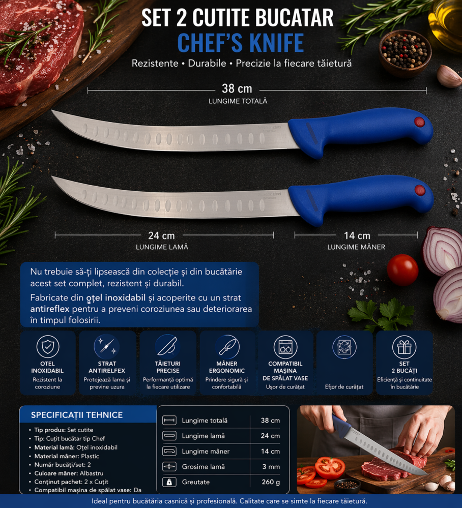 Set 2 cutite bucatarie tip Chef, otel inoxidabil, lama 24 cm, lungime 38 cm, maner ergonomic albastru, utilizare intensiva [2]