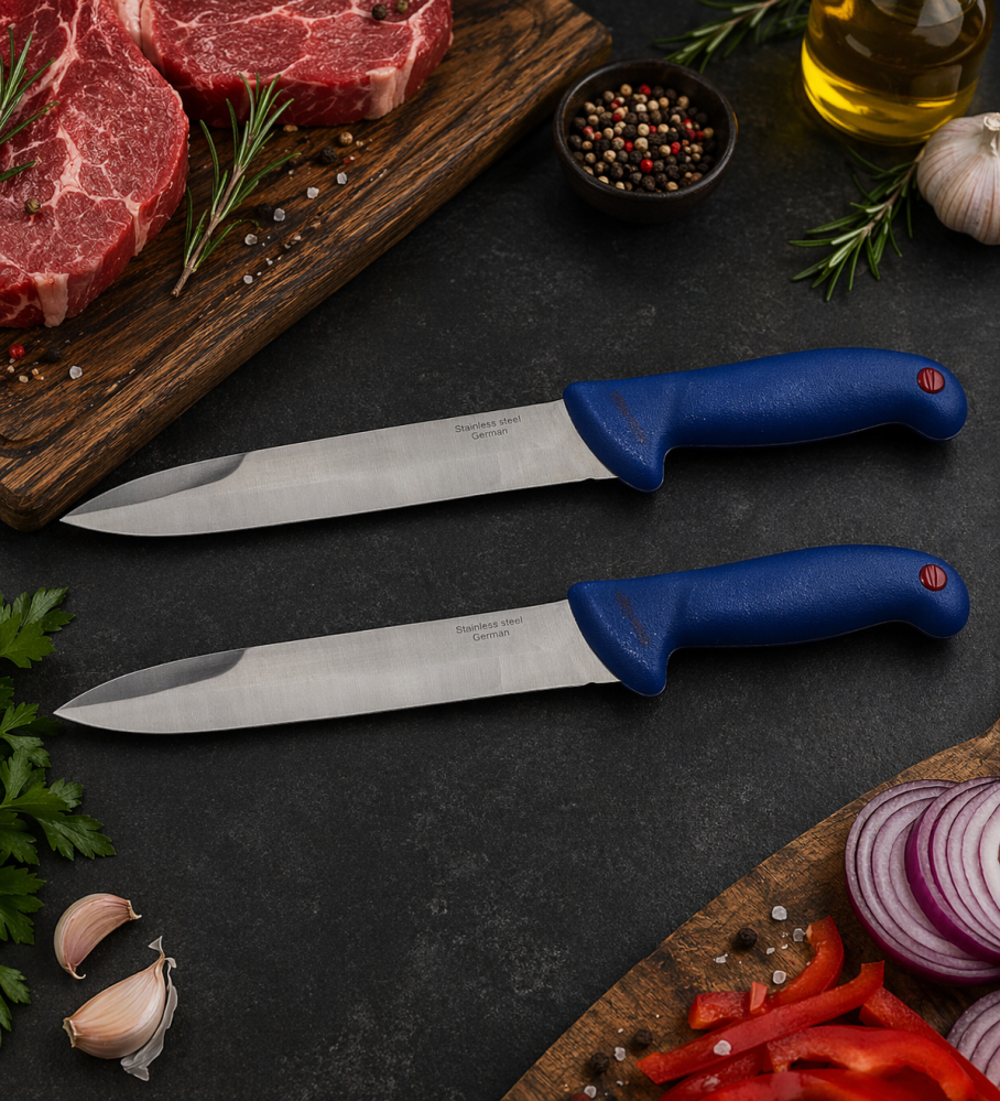 Set 2 cutite bucatarie tip Chef pentru injunghiat si taiere precisa, otel inoxidabil, lama 18 cm, lungime 32 cm, maner ergonomic albastru [6]