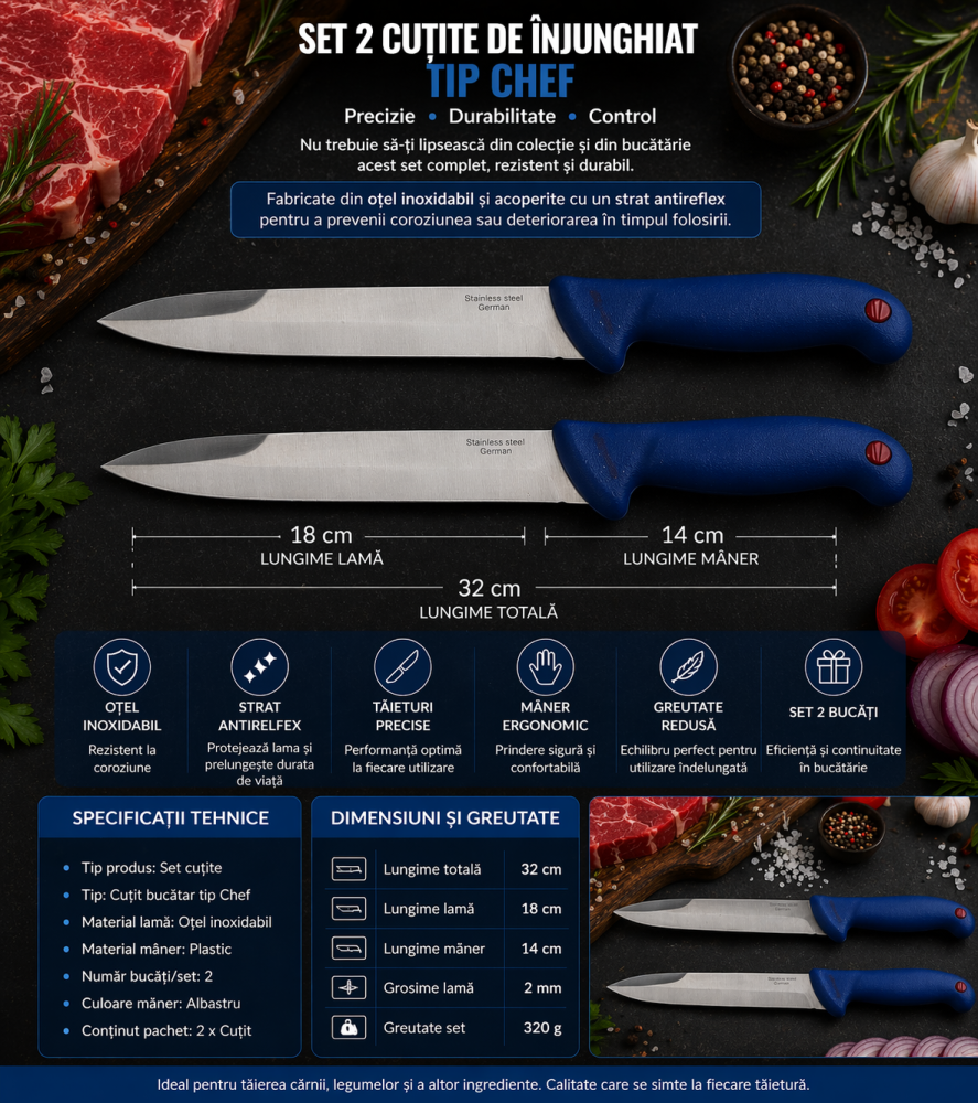 Set 2 cutite bucatarie tip Chef pentru injunghiat si taiere precisa, otel inoxidabil, lama 18 cm, lungime 32 cm, maner ergonomic albastru [8]