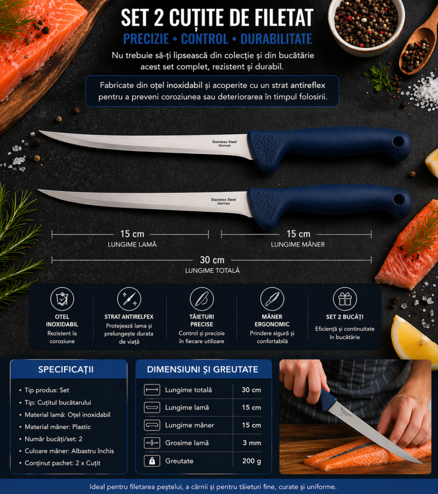 Set 2 cutite de filetat tip Chef, otel inoxidabil, lama 15 cm, lungime 30 cm, maner ergonomic albastru inchis, utilizare precisa [2]