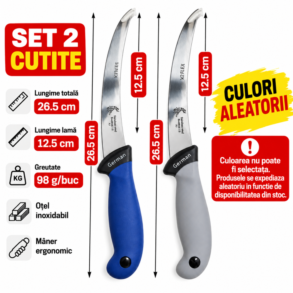 Set 2 cutite pentru carne 29 cm, lama curbata 15 cm, 90 g/buc, otel inoxidabil, maner ergonomic, culori aleatorii [2]