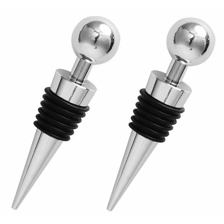 Set 2 dopuri pentru sticla de vin, din plastic si silicon, 9 cm, argintiu/negru – etansare perfecta si design elegant [4]