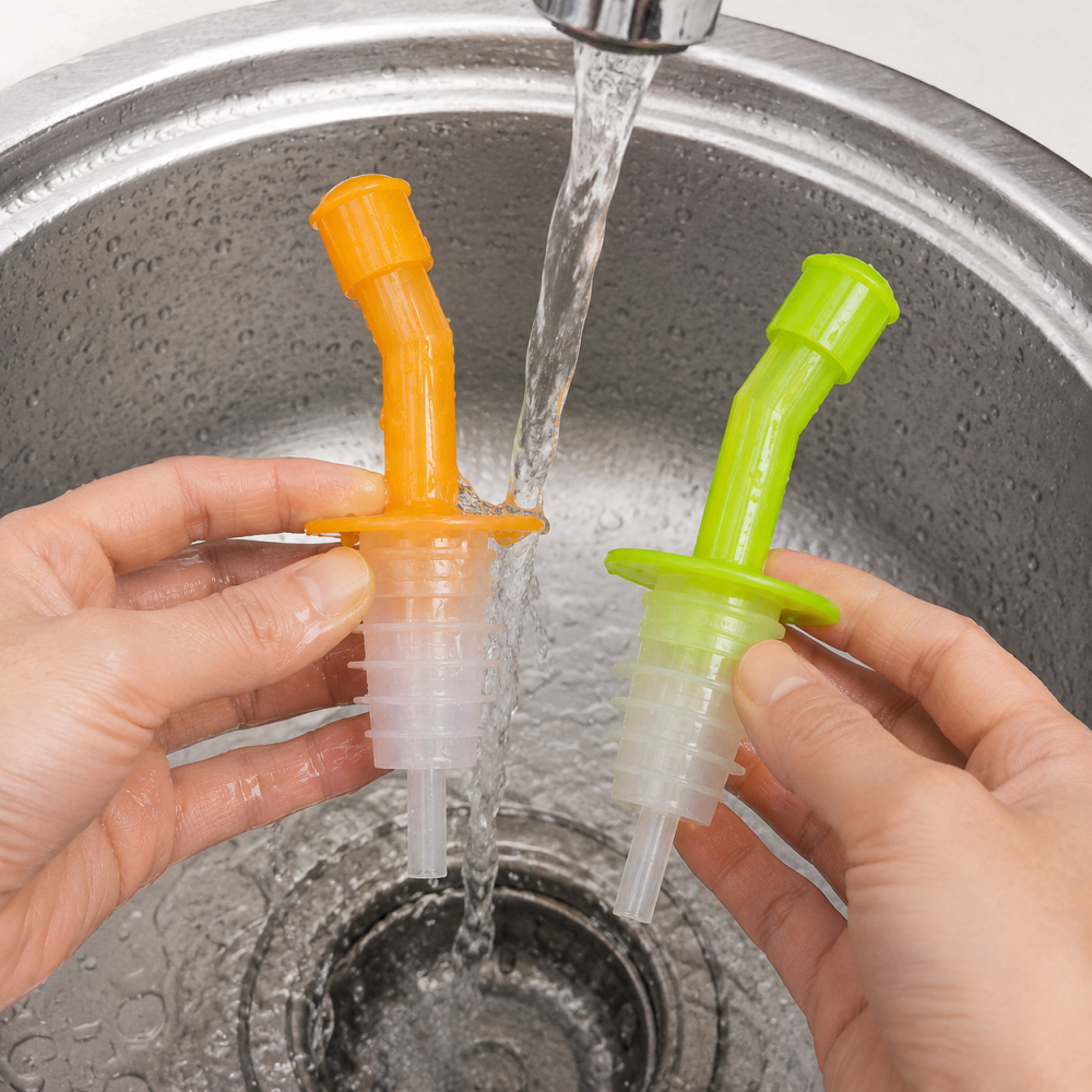 Set 2 dopuri picuratoare pentru sticle, portocaliu si verde, dozatoare cu capac pentru turnarea lichidelor [4]