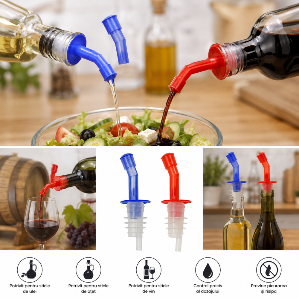 Set 2 dopuri picuratoare pentru sticle, rosu si albastru, dozatoare cu gura curbata pentru lichide [4]