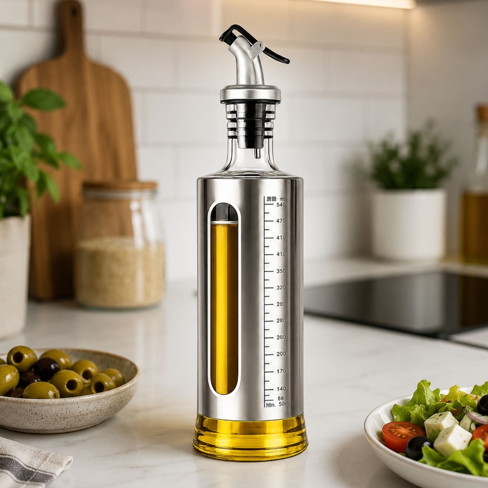 Set 2 dozatoare pentru ulei si otet, 2 x 500 ml, argintiu, recipiente din sticla cu protectie inox, scala gradata, cioc anti-picurare, pentru bucatarie [10]