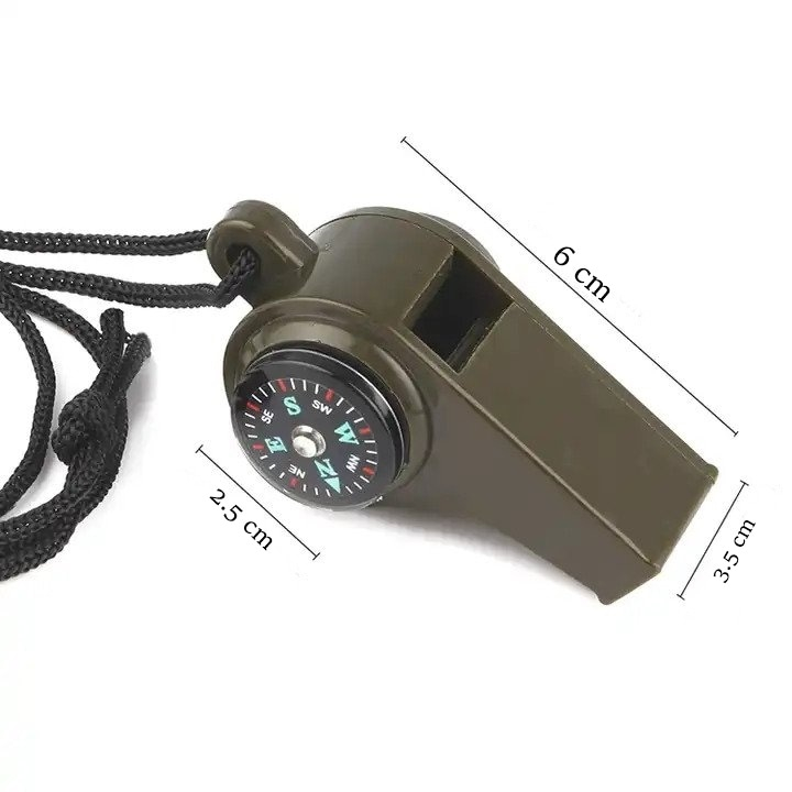 Set 2 fluiere supravietuire 3 in 1 cu busola si termometru, ABS rezistent, cordon inclus, verde 6 cm [3]