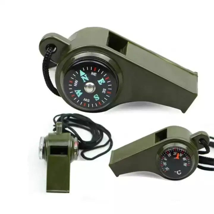 Set 3 fluiere supravietuire 3 in 1 cu busola si termometru, ABS rezistent, cordon inclus, verde 6 cm [7]