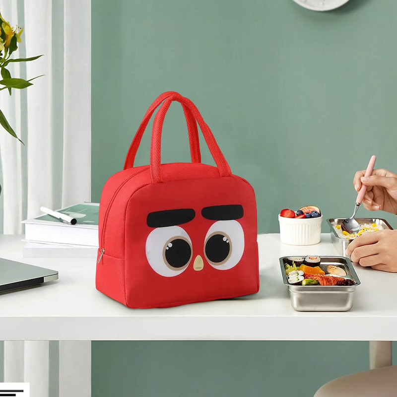 Set 2 genti termoizolante rosii 22 x 19 x 14 cm, model animal cu ochi mari, genti pentru pranz cu fermoar si manere, pentru alimente, scoala si calatorii [4]