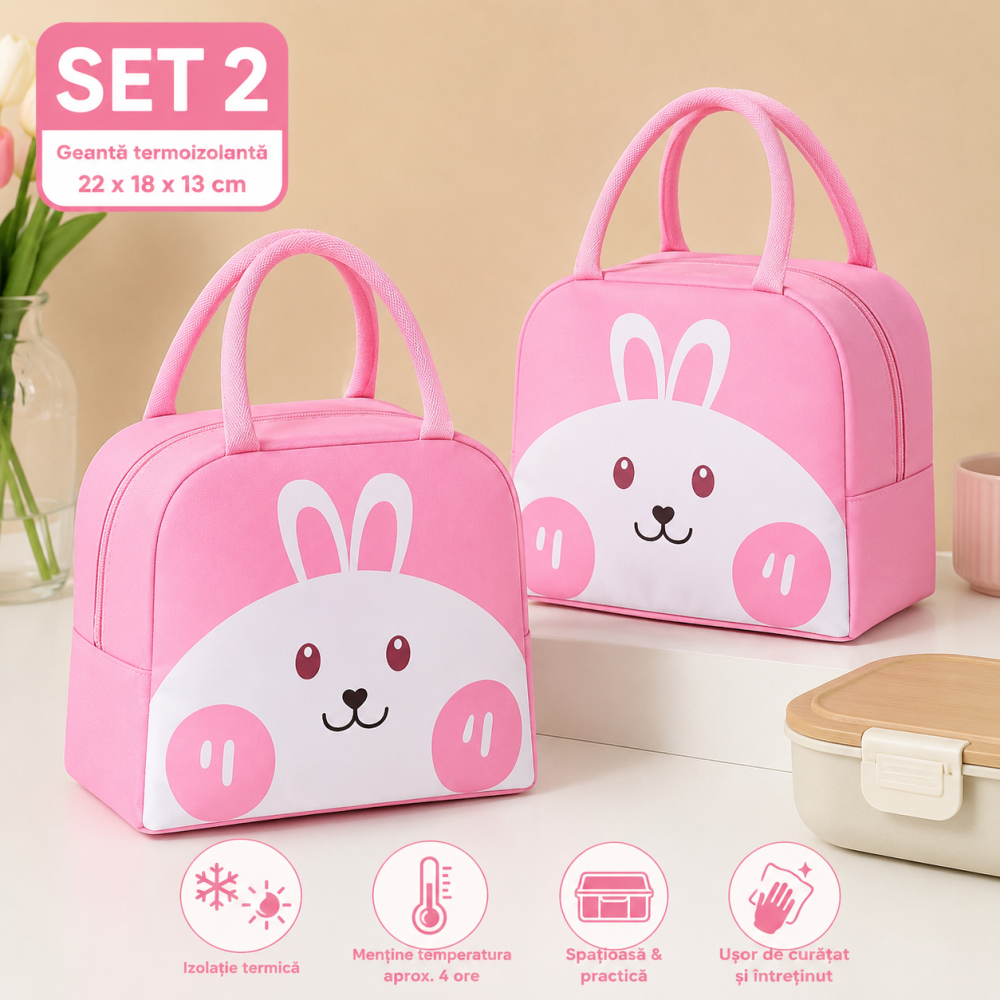Set 2 genti termoizolante roz 22 x 18 x 13 cm, model iepuras, genti pentru pranz cu manere si fermoar, pentru alimente, scoala, gradinita si calatorii [2]