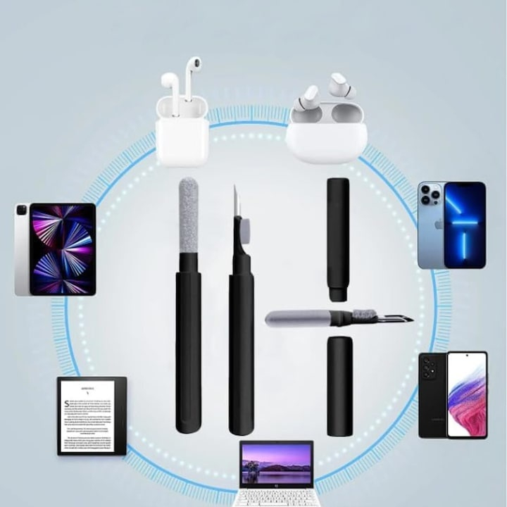 Set 2 kituri curatare casti 5 in 1 multifunctionale, ABS, 10.6 x 1.3 x 1.3 cm, pentru AirPods, earbuds, smartphone, tastatura si dispozitive electronice, negru [7]