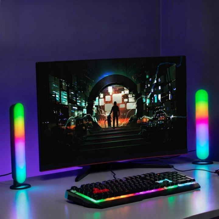 Set 2 lampi LED RGB, 12 culori, 4 moduri de iluminare, montare verticala sau orizontala, alimentare USB, telecomanda inclusa, 26.5 x 4.1 x 3.5 cm, negre – iluminare moderna, dinamica si personalizata  [4]