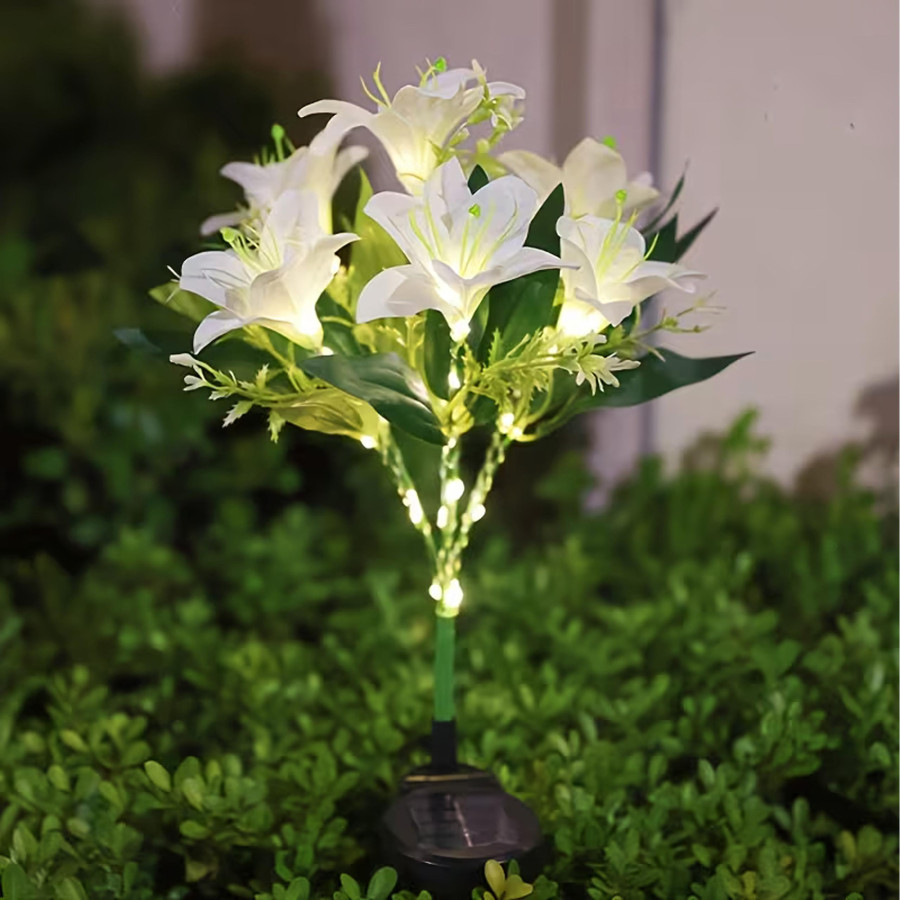 Set 2 lampi solare de gradina cu flori de crin albe, 70 cm, iluminare LED [7]