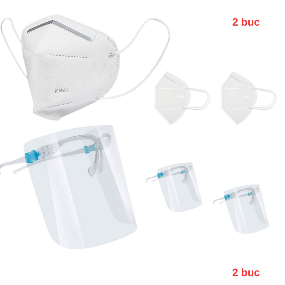 Set 2 masti de protectie KN95 si 2 viziere reutilizabile cu rama tip ochelari, pentru adulti, protectie completa [2]