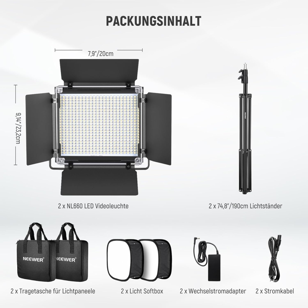 Set 2 panouri LED profesionale pentru studio foto si video, Bi-Color 3200K-5600K, 660 LED, CRI96+, luminozitate reglabila, softbox, trepiede 190 cm, genti transport [3]