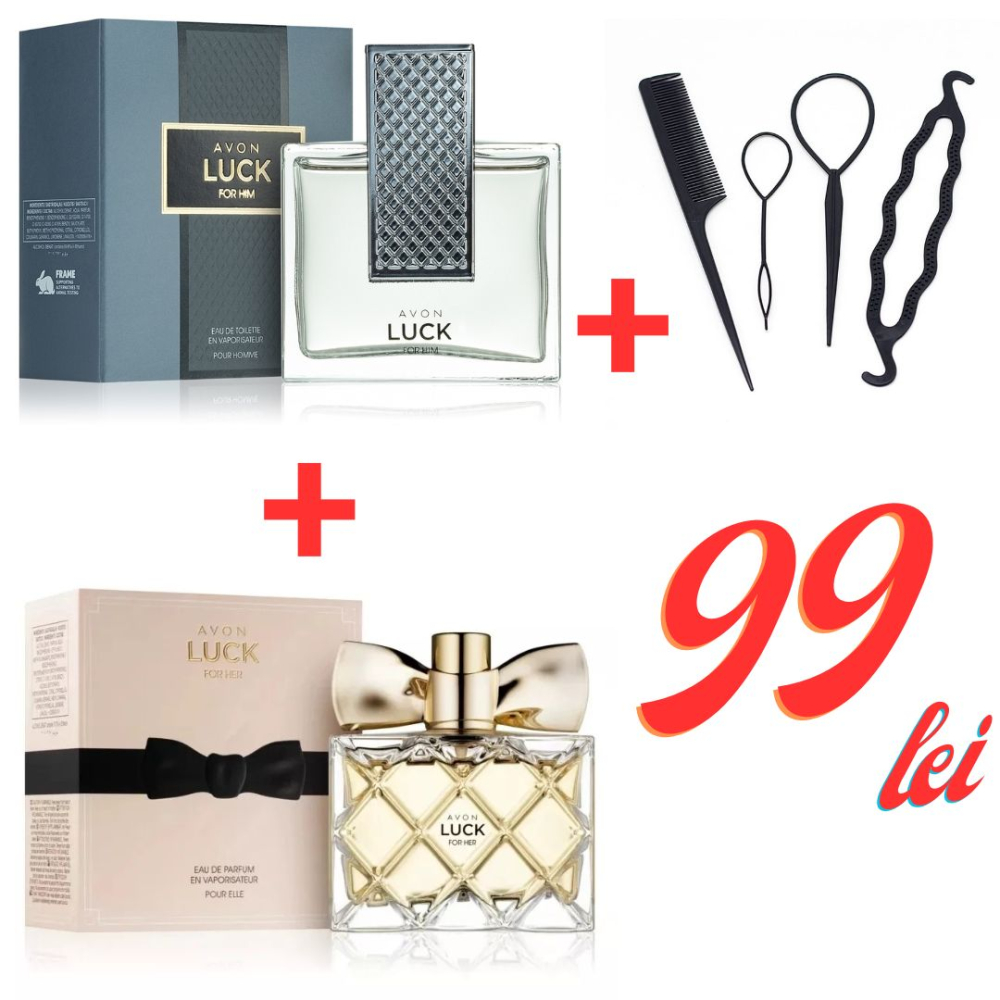 Set 2 parfumuri Avon Luck For Him & For Her + set 4 accesorii păr – ofertă specială 99 lei [1]