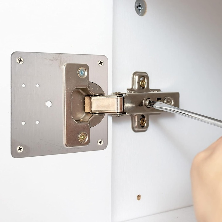 Set 2 placi pentru repararea balamalelor mobilier, inox rezistent, montaj rapid cu suruburi incluse, 9 x 9 cm, argintiu [3]