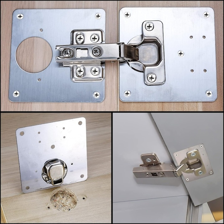 Set 2 placi pentru repararea balamalelor mobilier, inox rezistent, montaj rapid cu suruburi incluse, 9 x 9 cm, argintiu [4]