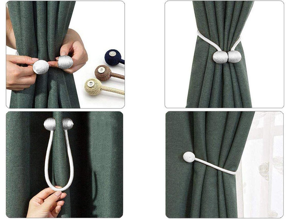 Set 2 prinderi magnetice pentru perdele si draperii, snur textil impletit, 44 cm, gri argintiu, accesoriu decorativ modern [6]