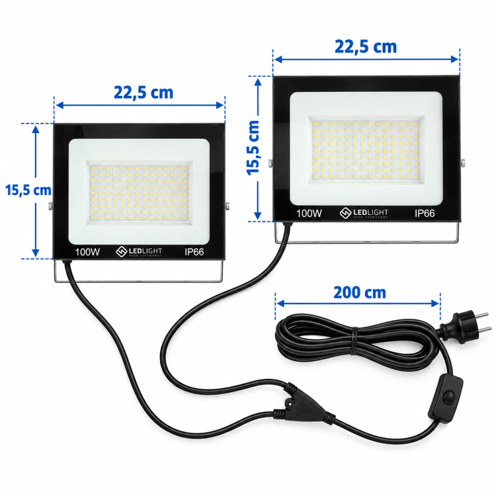 Set 2 proiectoare LED 200W, 2 x 100W, 22.5 x 15.5 cm, lumina rece 6000K, IP66 [2]