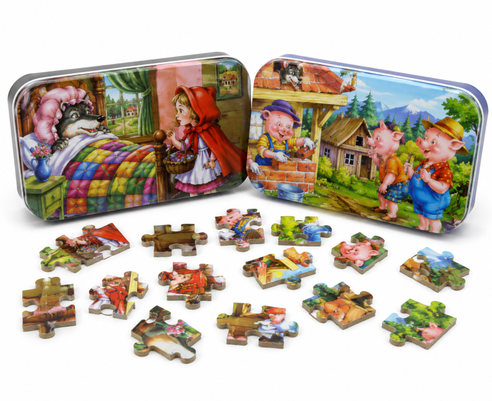 Set 2 Puzzle Educative din Lemn, 60 Piese fiecare, in Cutii Metalice, Modele Scufita Rosie si Cei Trei Purcelusi, Dezvoltare Abilitati Cognitive, 22.5 x 13.5 cm, Multicolor [2]