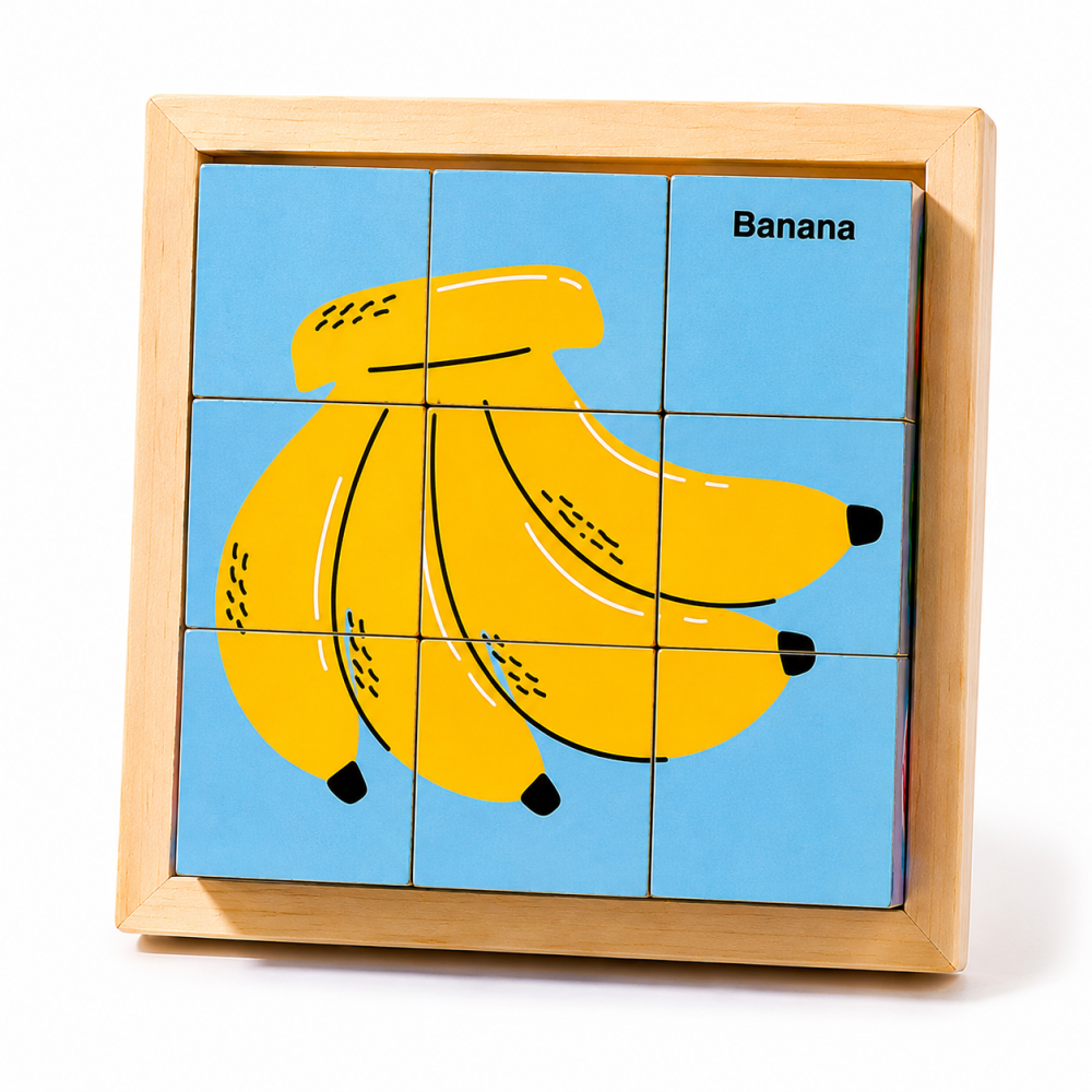 Set 2 Puzzle-uri din Lemn cu 9 Cuburi, 12 Imagini Diferite, Modele Fructe si Dulciuri, Joc Educativ Montessori pentru Copii 4-6 Ani, 11 x 11 x 3.2 cm, Multicolor [4]