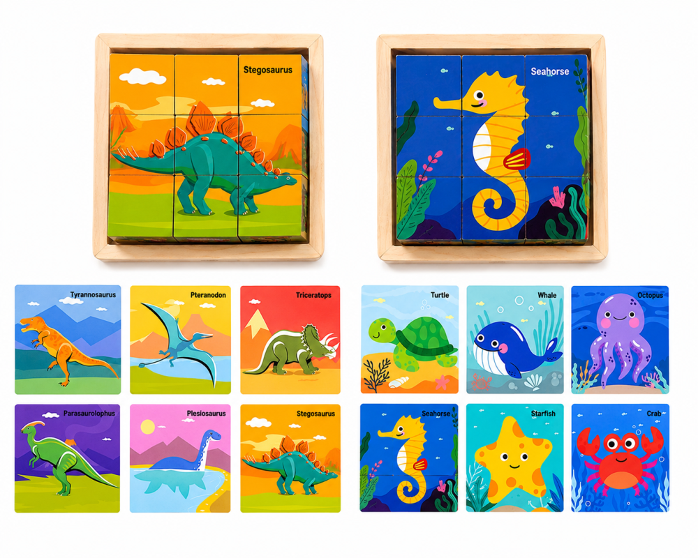 Set 2 puzzle-uri educative din lemn cu 9 cuburi, modele Dinozauri si Animale Marine, 6 imagini fiecare, joc Montessori pentru copii 4–6 ani, 11 x 11 x 3.2 cm [2]