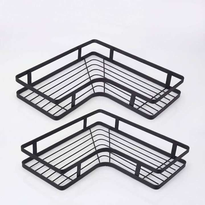 Set 2 rafturi de colt, autoadezive, pentru baie, suport si carlige pentru accesorii incluse, otel inoxidabil, 23.8 x 23.8 x 4 cm/24.8 x 24.8 x 5 cm, negru [4]