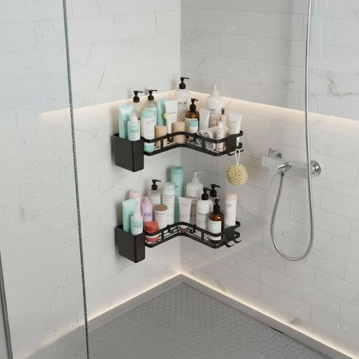 Set 2 rafturi de colt, autoadezive, pentru baie, suport si carlige pentru accesorii incluse, otel inoxidabil, 23.8 x 23.8 x 4 cm/24.8 x 24.8 x 5 cm, negru [8]