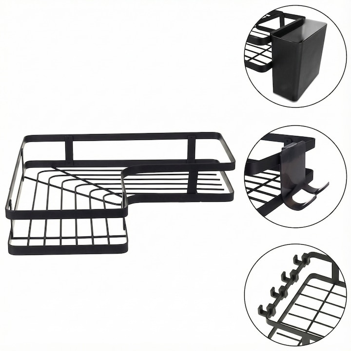 Set 2 rafturi de colt, autoadezive, pentru baie, suport si carlige pentru accesorii incluse, otel inoxidabil, 23.8 x 23.8 x 4 cm/24.8 x 24.8 x 5 cm, negru [6]